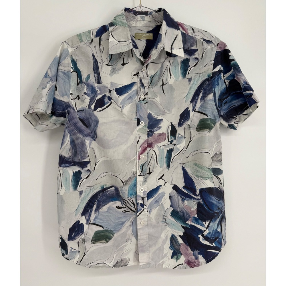 Eighth Avenue Mens Sz S Abstract Floral Button Down Shirt Blue Grey Cotton